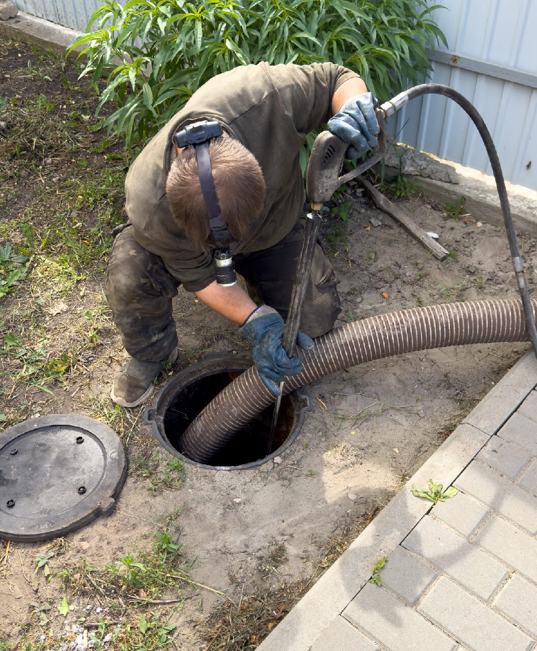 Worker cleaning outdoor drain with hose.