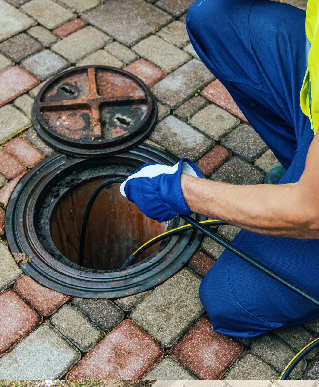 Worker inspecting open manhole with cable.